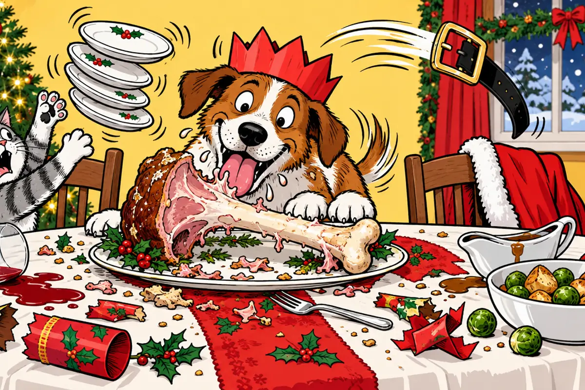 A comic-strip drawing of a Christmas table where a dog in a paper crown gnaws a ham bone, a stack of plates flies through the air, a belt buckle pops off and a cat looks on in shock.