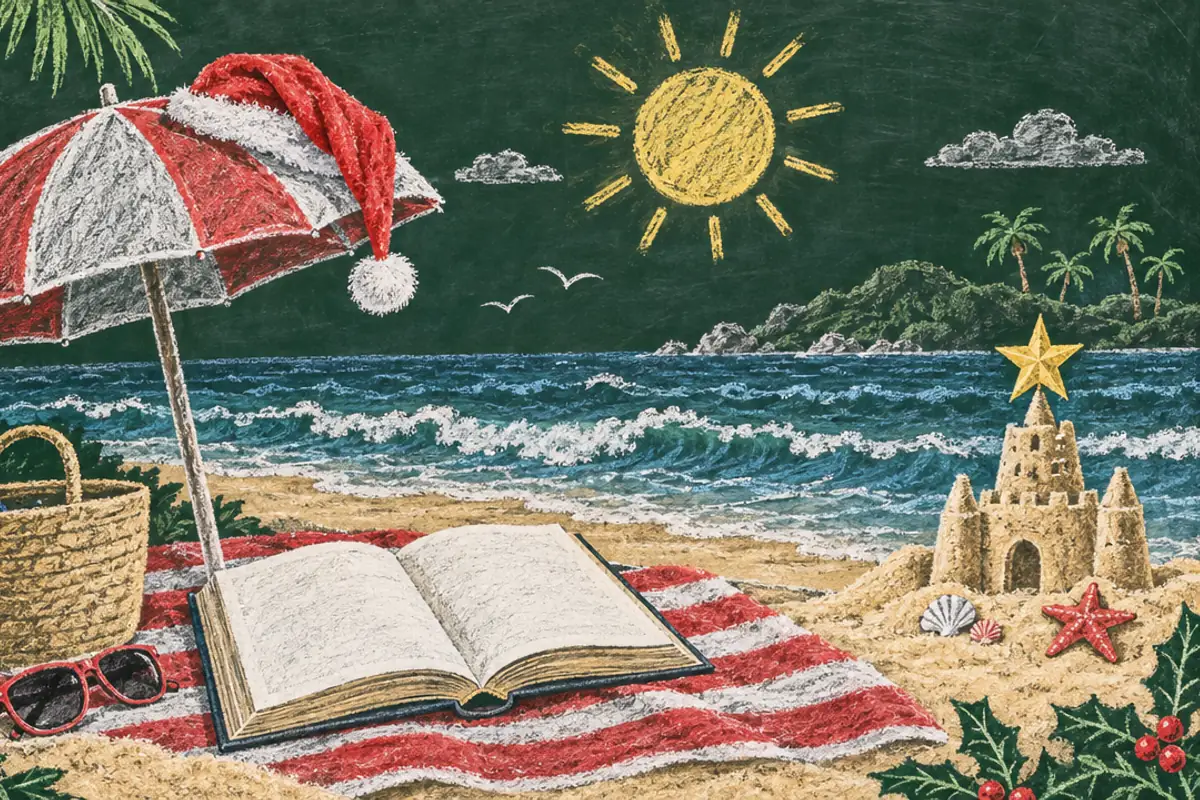 A chalk drawing of an open book on a striped towel under a beach umbrella wearing a Santa hat, with sunglasses, a basket, a yellow sun, waves and a sandcastle topped with a star.