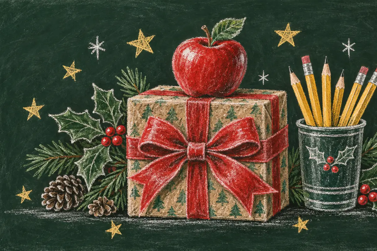 A chalk drawing on a green blackboard of a wrapped present with a big red bow and a red apple on top, beside a cup of yellow pencils, holly, pine cones and gold stars.