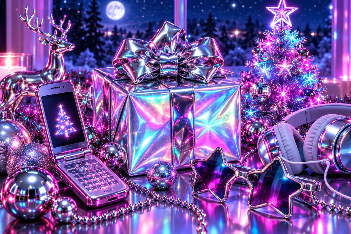A shiny holographic present with a chrome bow is surrounded by chrome baubles, a flip phone, star-shaped sunglasses, headphones and a glowing pink Christmas tree.