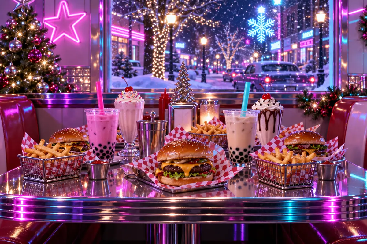A chrome diner table is loaded with burgers, fries, bubble tea and milkshakes under neon Christmas lights, with a snowy street outside.