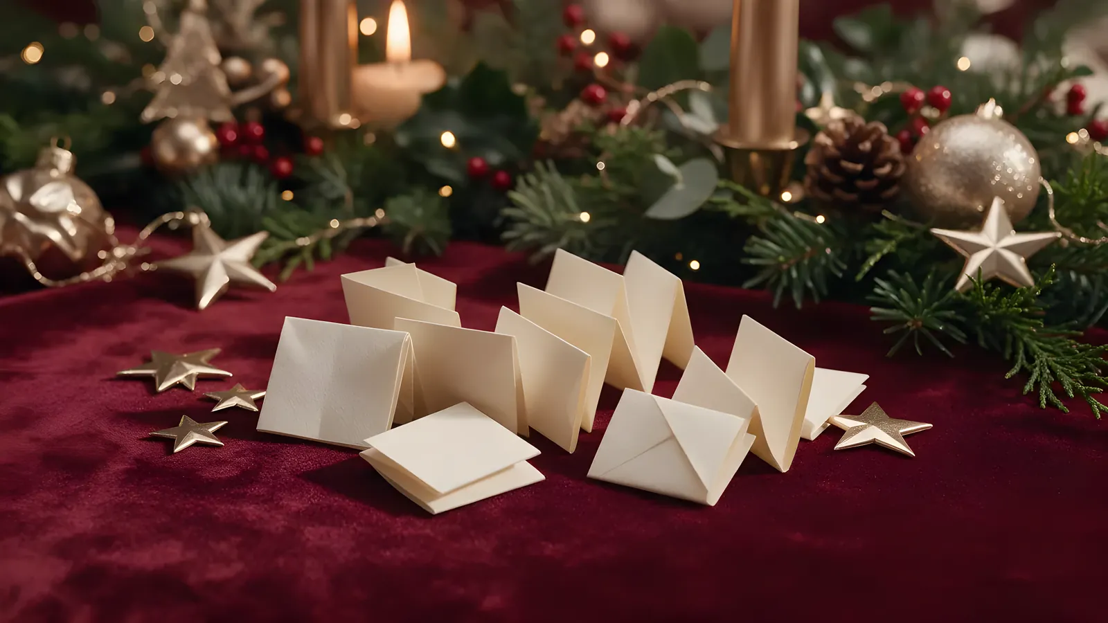 Ten small folded ivory notes standing on deep red velvet, scattered with gold stars beneath an evergreen garland.