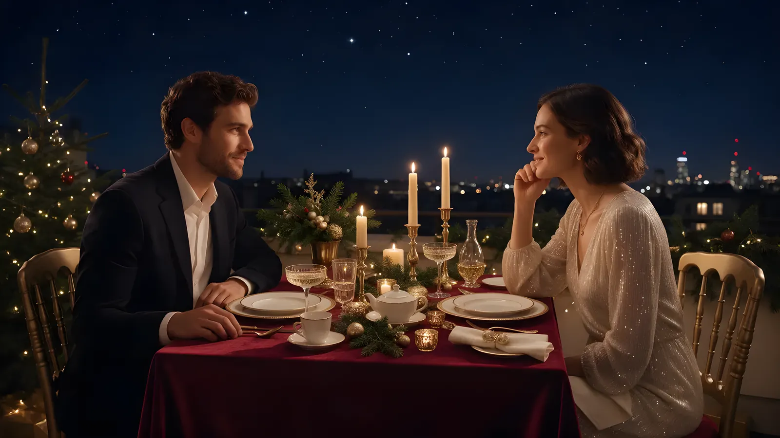 A couple sharing a candlelit rooftop dinner beneath winter stars, a Christmas tree glowing beside the table.
