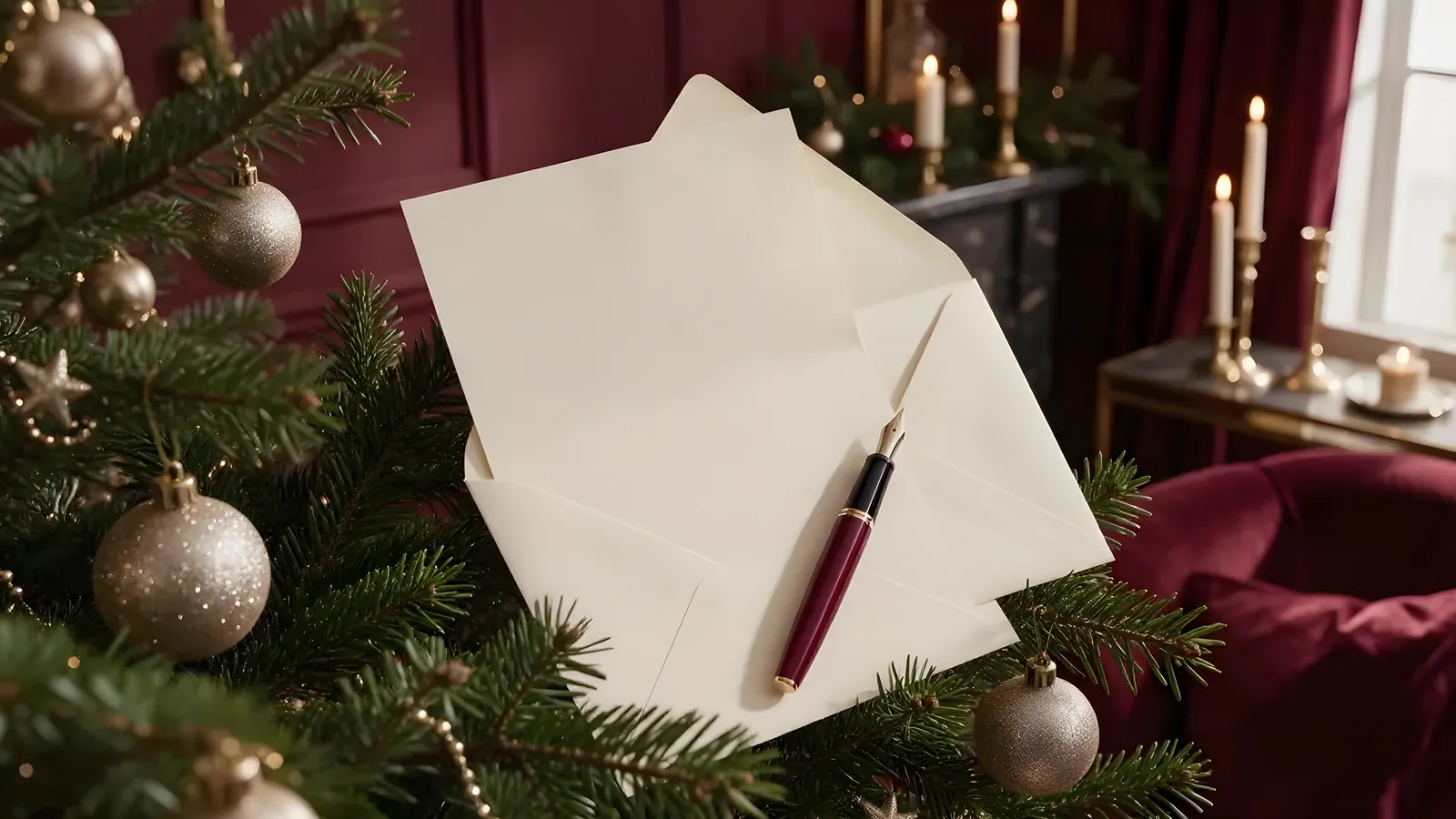 An open ivory envelope and blank letter tucked into a decorated Christmas tree, a burgundy fountain pen resting across it.