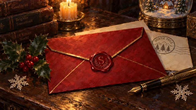 A crimson envelope with gold edges and a red wax seal stamped S, beside a North Pole postmark and a gold pen.