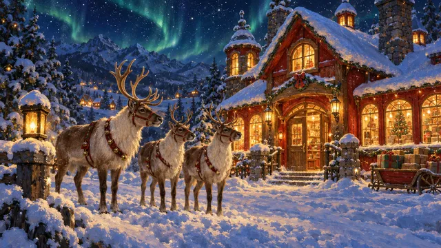 Three reindeer standing in the snow outside a glowing red North Pole post office under the northern lights.