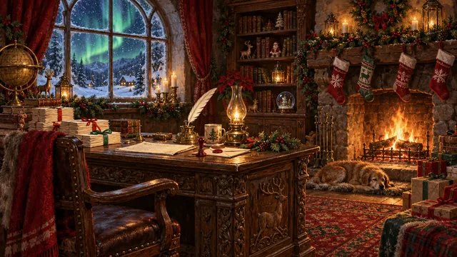 Santa's study by firelight: an oak desk with a quill, parchment letters and a brass lamp, a fire crackling under the stockings.